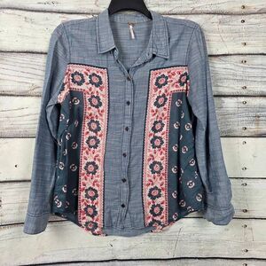 Free People L Boho Patchwork Button Down Shirt